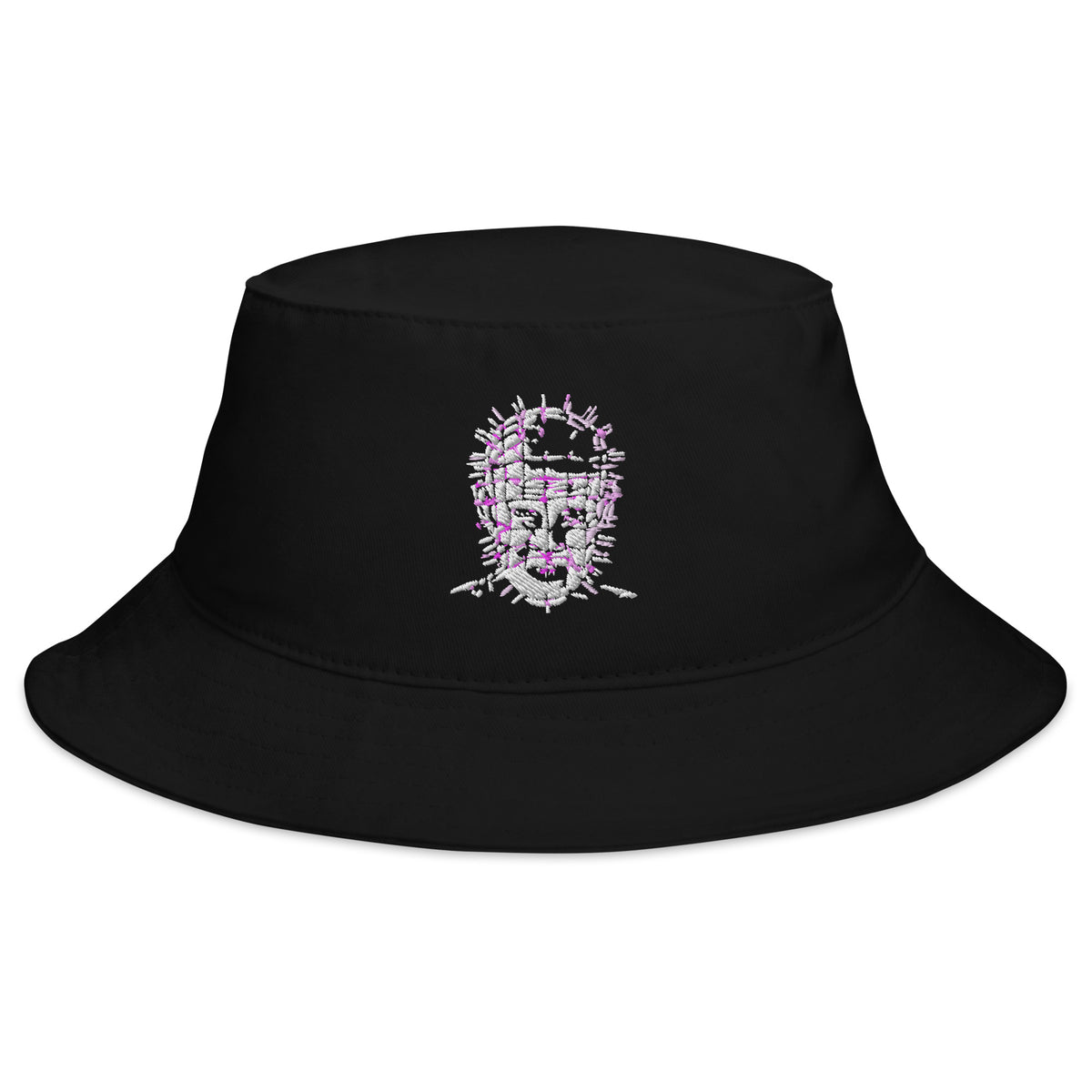 Black bucket hat with The Hell Priest Cenobite Demon embroidered artwork, front view