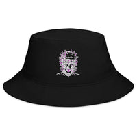 Black bucket hat with The Hell Priest Cenobite Demon embroidered artwork, front view