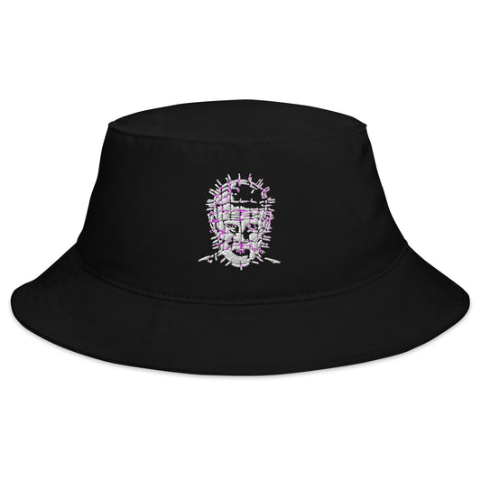 Black bucket hat with The Hell Priest Cenobite Demon embroidered artwork, front view