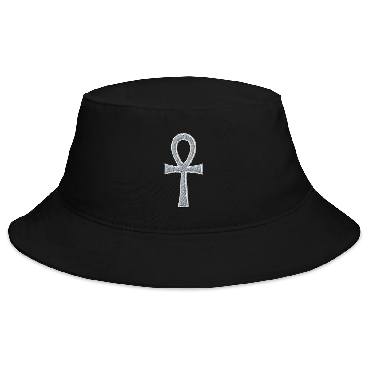 Black bucket hat with Grey The Key of Life Ankh Ancient Egyptian Culture embroidered artwork, front view