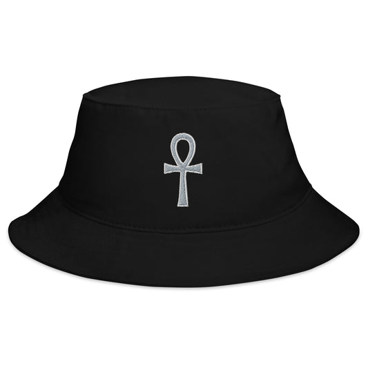Black bucket hat with Grey The Key of Life Ankh Ancient Egyptian Culture embroidered artwork, front view
