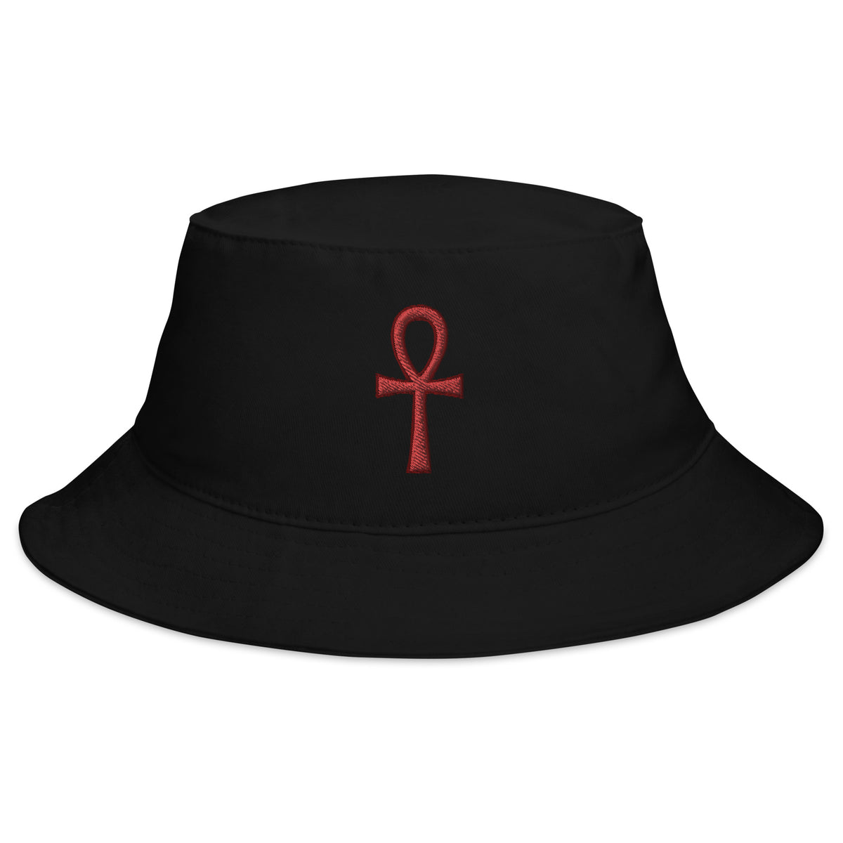 Black bucket hat with Red The Key of Life Ankh Ancient Egyptian Culture embroidered artwork, front view