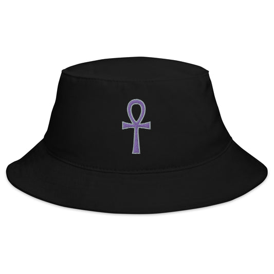 Black bucket hat with Purple The Key of Life Ankh Ancient Egyptian Culture embroidered artwork, front view