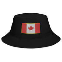 Black bucket hat with The National Flag of Canada embroidered artwork, front view