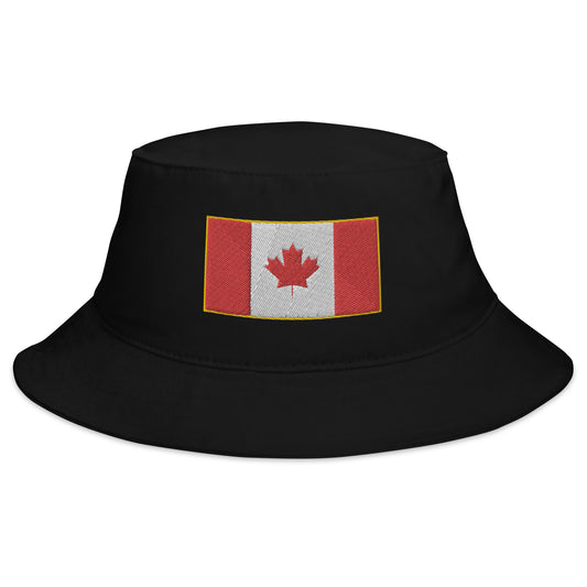 Black bucket hat with The National Flag of Canada embroidered artwork, front view