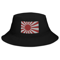 Black bucket hat with The National Flag of Japan embroidered artwork, front view