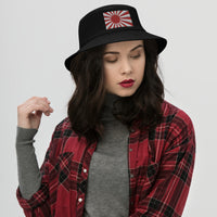 Black bucket hat with The National Flag of Japan embroidered artwork, front view