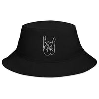 Black bucket hat with The Sign of the Horns embroidered artwork, front view