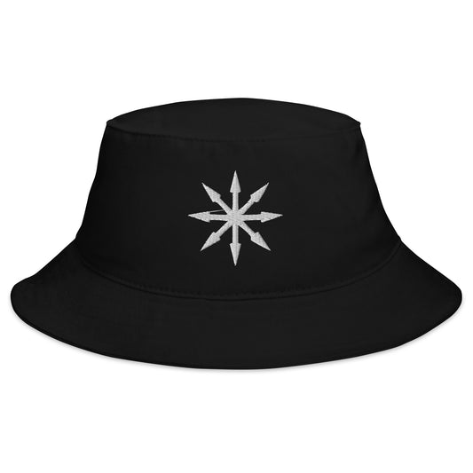 Black bucket hat with The Symbol of Chaos embroidered artwork, front view