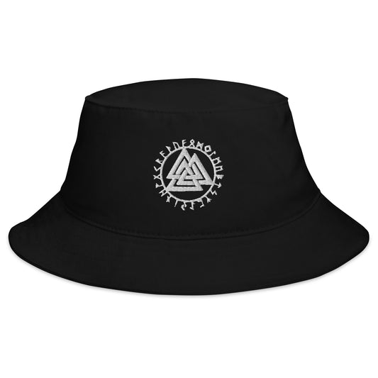 Black bucket hat with The Valknut Symbol with Viking Runes embroidered artwork, front view
