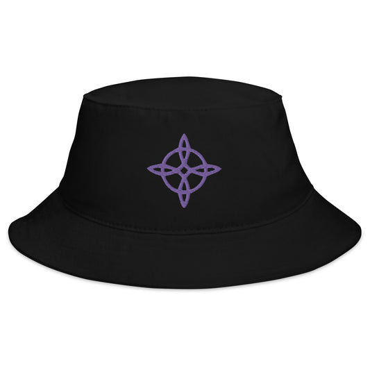 Black bucket hat with Purple Witches Knot embroidered artwork, front view