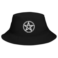 Black bucket hat with White Witching Hour Woven Pentagram embroidered artwork, front view