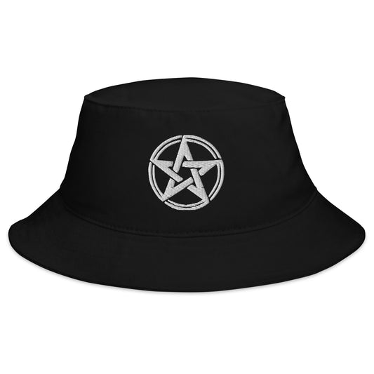 Black bucket hat with White Witching Hour Woven Pentagram embroidered artwork, front view