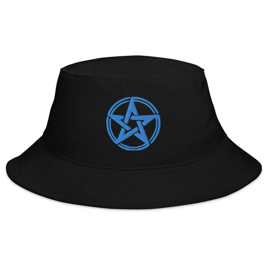Black bucket hat with Blue Witching Hour Woven Pentagram embroidered artwork, front view