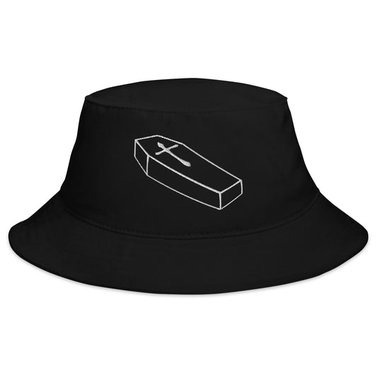 Black bucket hat with Toe Pincher Coffin with Cross embroidered artwork, front view