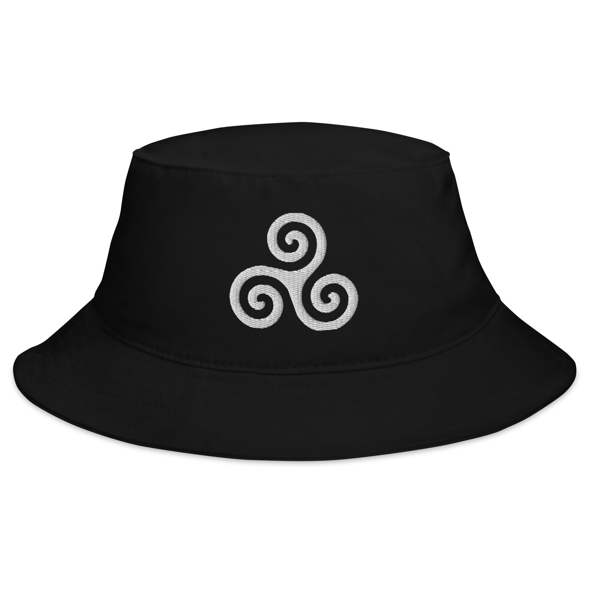 White Triskelion or Triskeles Spiral Embroidered Bucket Hat Archimedean