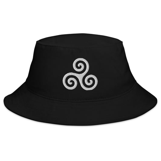 Black bucket hat with White Triskelion or Triskeles Spiral embroidered artwork, front view