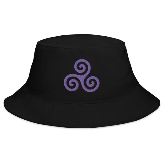 Black bucket hat with Purple Triskelion or Triskeles Spiral embroidered artwork, front view