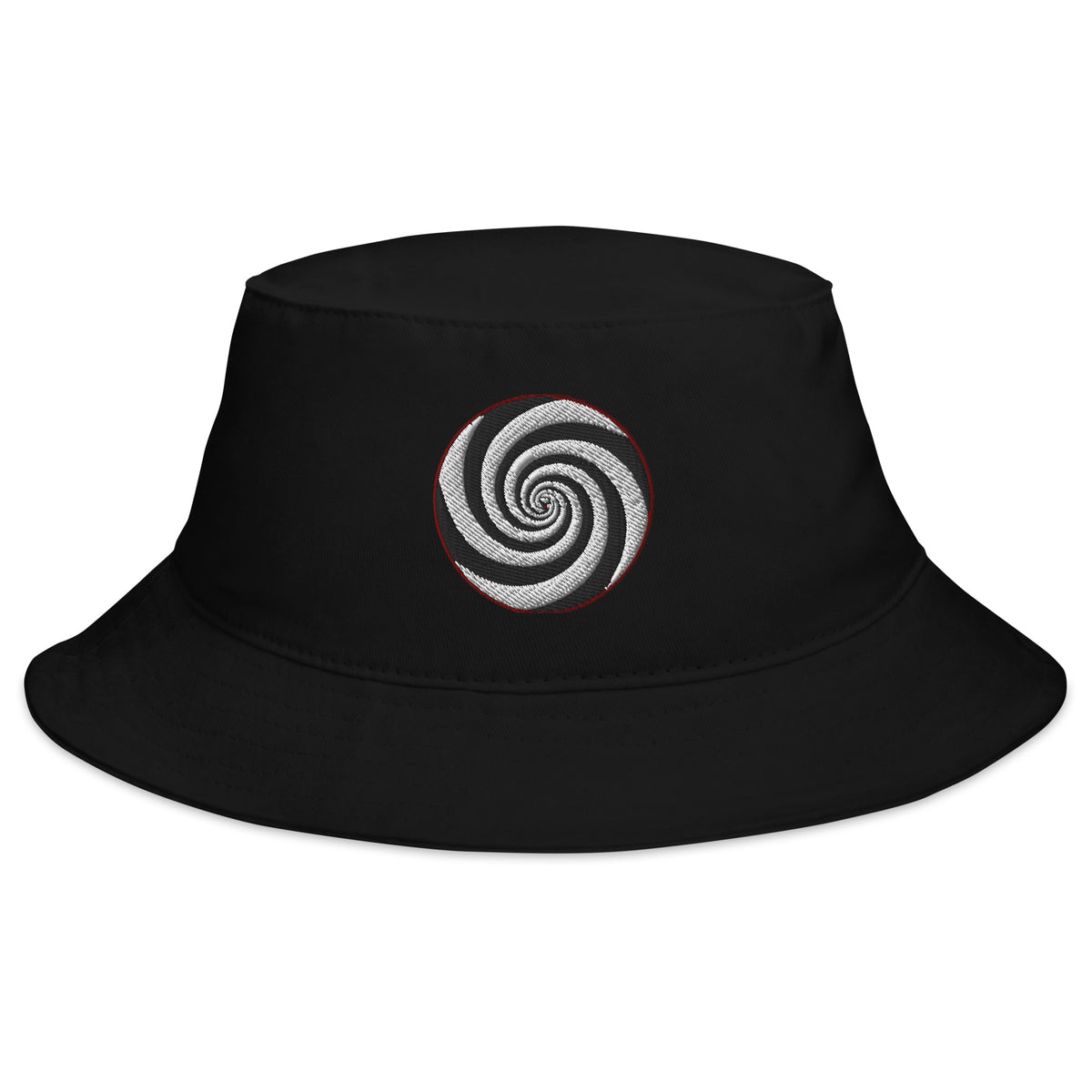 Black bucket hat with Twilight Zone Hypnotic Hypnosis Spiral Illusion embroidered artwork, front view