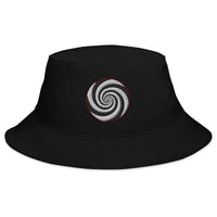 Black bucket hat with Twilight Zone Hypnotic Hypnosis Spiral Illusion embroidered artwork, front view