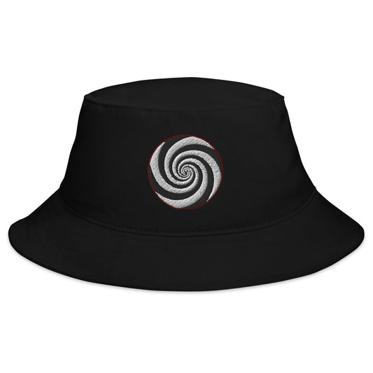 Black bucket hat with Twilight Zone Hypnotic Hypnosis Spiral Illusion embroidered artwork, front view