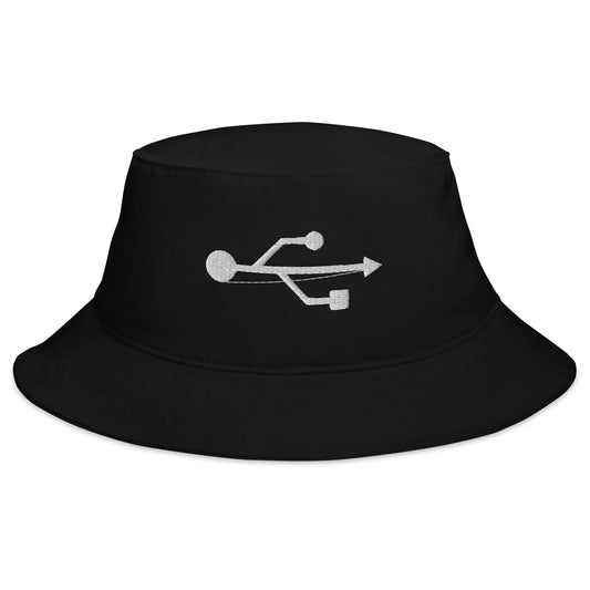 Black bucket hat with USB Symbol embroidered artwork, front view