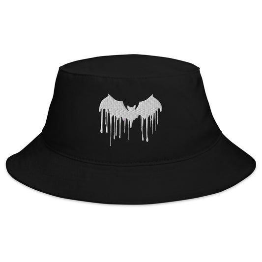 Black bucket hat with White Vampire Bat Blood Drip embroidered artwork, front view