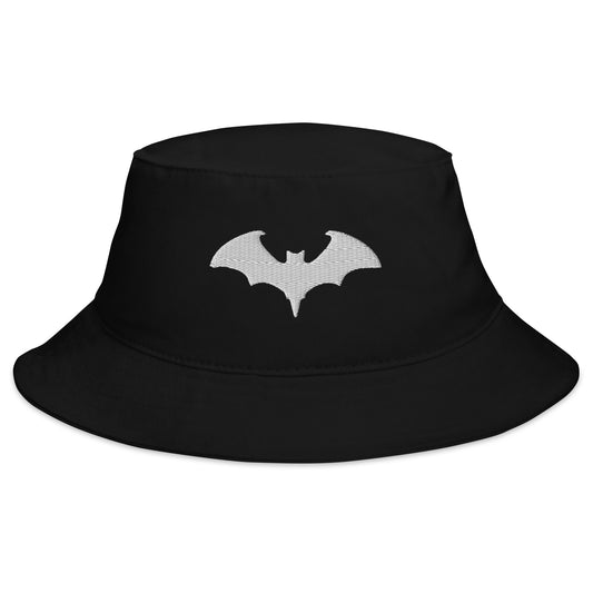 Black bucket hat with Vampire Bat Goth Style Halloween embroidered artwork, front view