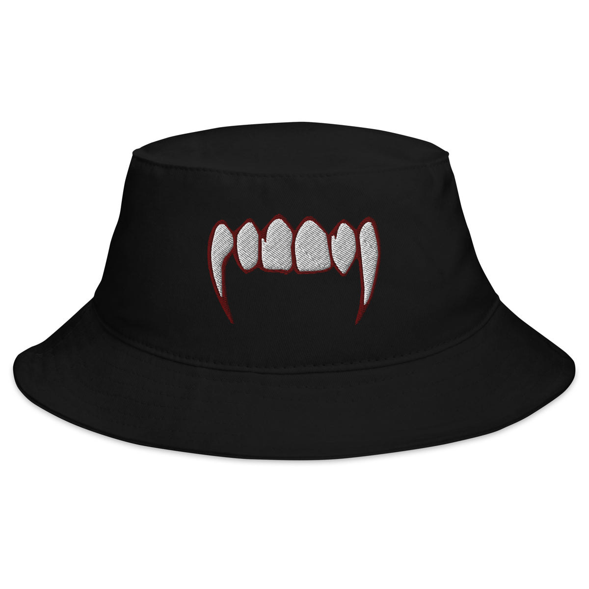 Black bucket hat with Vampire Fangs embroidered artwork, front view