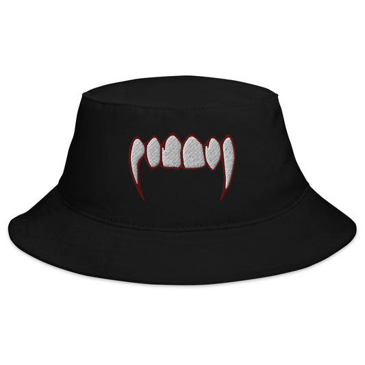 Black bucket hat with Vampire Fangs embroidered artwork, front view