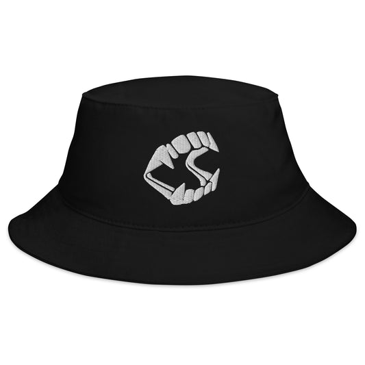 Black bucket hat with White Vampire Fangs Novelty Halloween Toy Trick or Treat embroidered artwork, front view