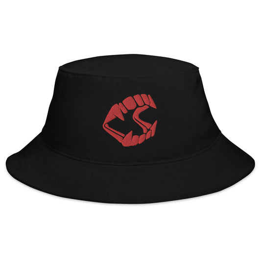 Black bucket hat with Red Vampire Fangs Novelty Halloween Toy Trick or Treat embroidered artwork, front view