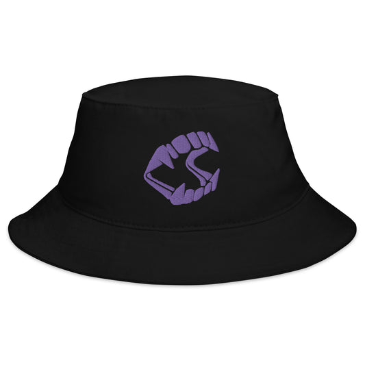 Black bucket hat with Purple Vampire Fangs Novelty Halloween Toy Trick or Treat embroidered artwork, front view