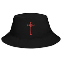 Black bucket hat with Vampire Hunter Sign of the Cross embroidered artwork, front view