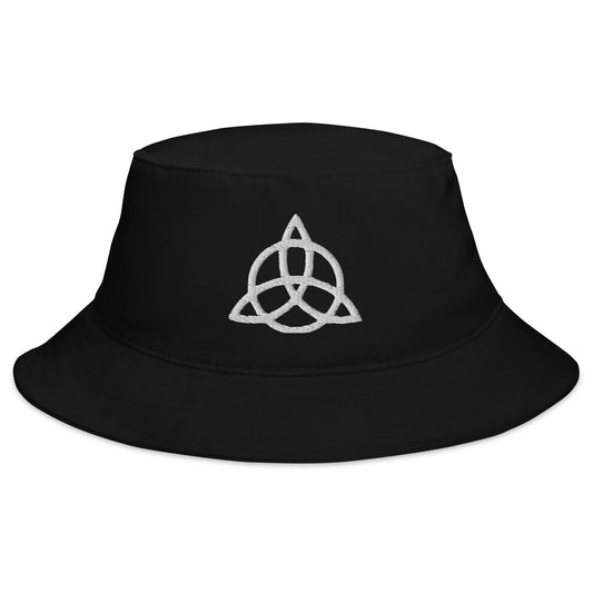 Black bucket hat with Viking Symbol Triquetra Knot embroidered artwork, front view