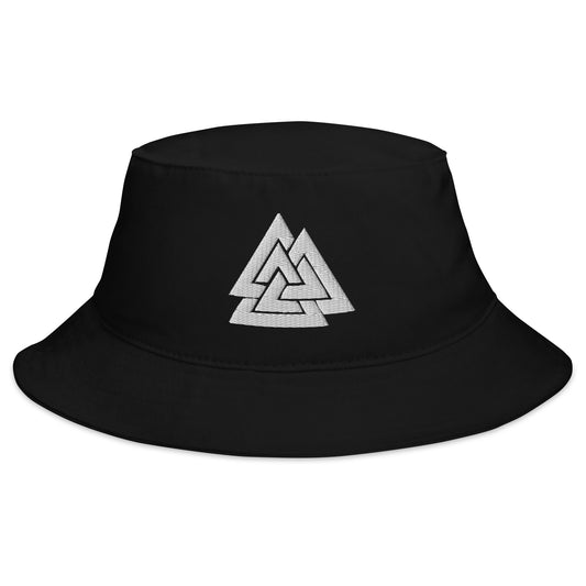 Black bucket hat with Viking Symbol Valknut Triangles of Power and Glory embroidered artwork, front view