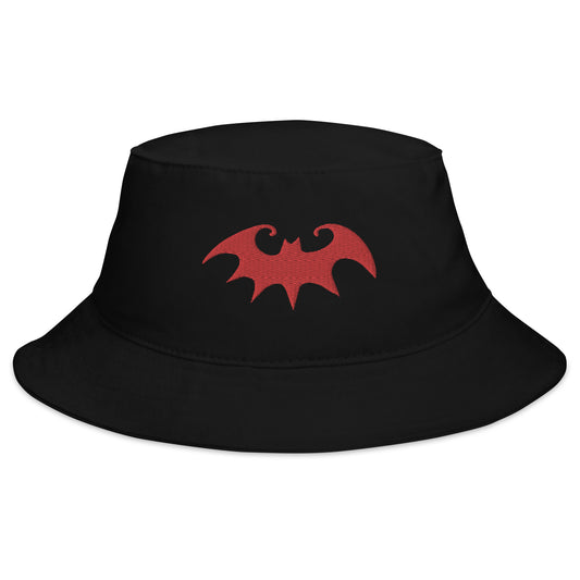 Black bucket hat with Whimsical Halloween Vampire Bat embroidered artwork, front view