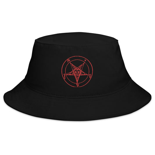 Black bucket hat with Red Sigil of Baphomet embroidered artwork, front view
