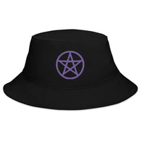 Black bucket hat with Purple Wiccan Witchcraft Pentagram embroidered artwork, front view