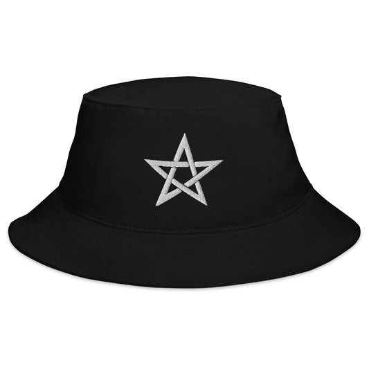 Black bucket hat with White Wiccan Woven Pentagram Symbol embroidered artwork, front view