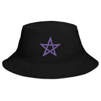 Black bucket hat with Purple Wiccan Woven Pentagram Symbol embroidered artwork, front view