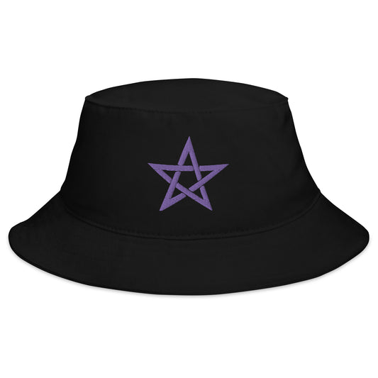 Black bucket hat with Purple Wiccan Woven Pentagram Symbol embroidered artwork, front view