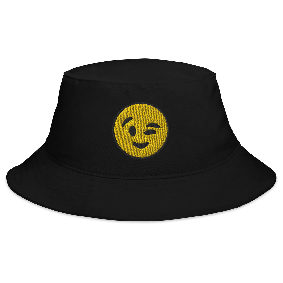 Black bucket hat with Winking Face Emoji embroidered artwork, front view