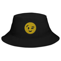 Black bucket hat with Winking Face Emoji embroidered artwork, front view