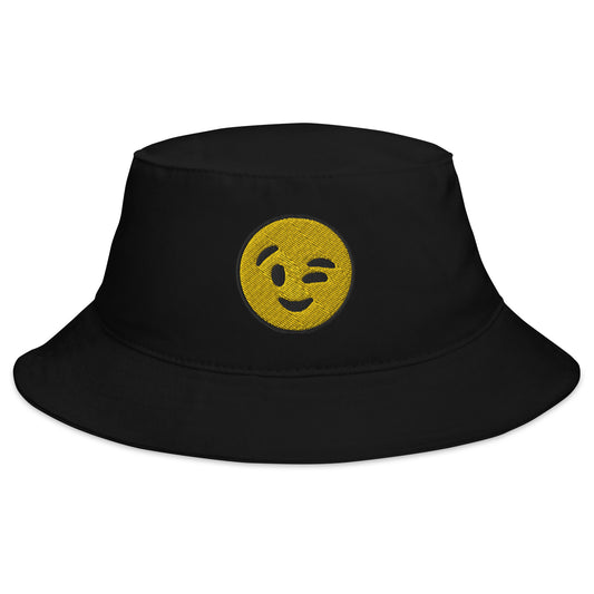 Black bucket hat with Winking Face Emoji embroidered artwork, front view