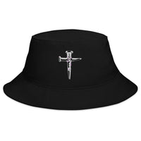 Black bucket hat with Wooden Stakes Cross embroidered artwork, front view
