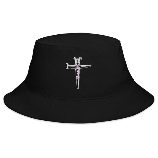 Black bucket hat with Wooden Stakes Cross embroidered artwork, front view