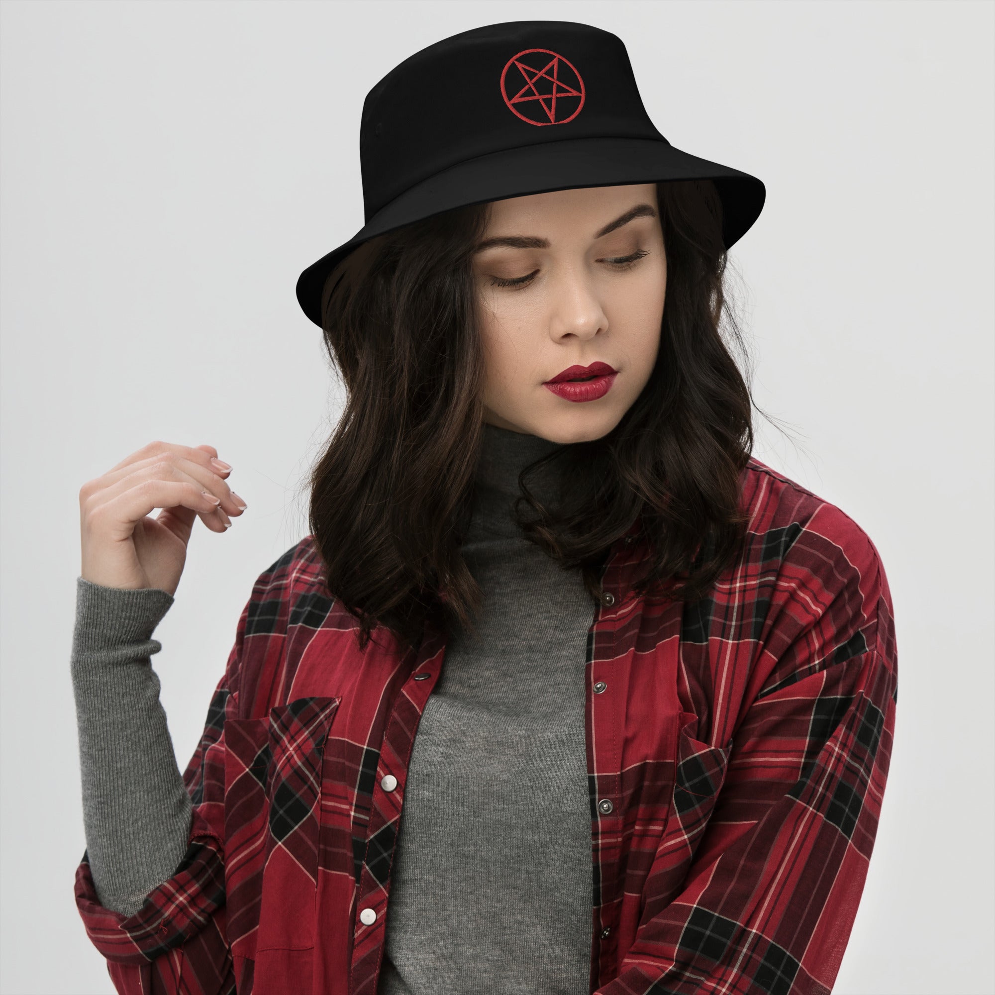 Red Woven Inverted Pentagram Symbol Embroidered Bucket Hat Satanism