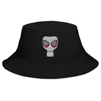 Black bucket hat with WWII Era Bio Hazard Gas Mask embroidered artwork, front view