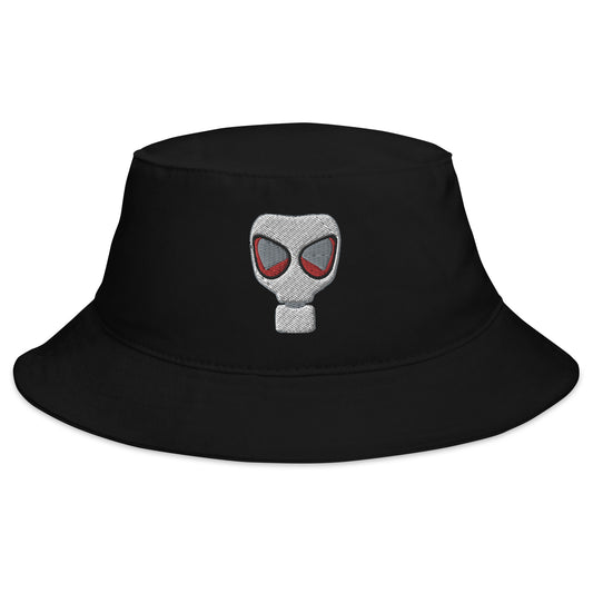 Black bucket hat with WWII Era Bio Hazard Gas Mask embroidered artwork, front view